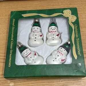 Vtg Bradford Christmas Trimmeries Ornaments Snowmen Hand Decorated Glass Set 4